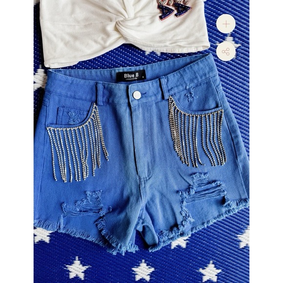 Rhinestone Pants - Blue B Women's High Rise Rhinestone Fringe Shorts - Small Cowgirl Rodeo Festival